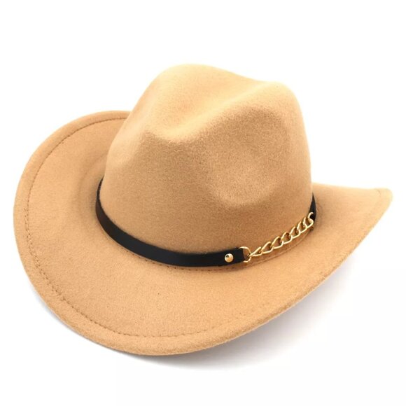 Beige Western Cowboy Hat Wide Brim Fedora Style with Chain Band for Men & Women - Picture 1 of 3